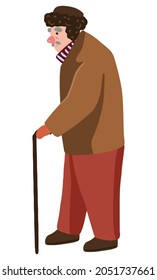 Old man with walking stick. Granddad in winter outerwear in outdoor. Flat vector illustration. Colored cartoon clipart isolated on white. Single element for design, decor, print, postcard, sticker.
