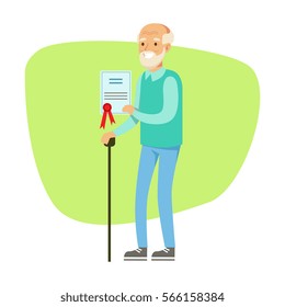 Old Man With Walking Stick Holding Insurance Contract , Insurance Company Services Infographic Illustration