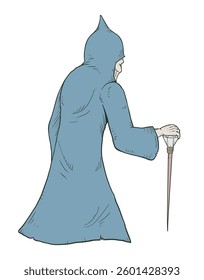 Old man with walking stick and hood design