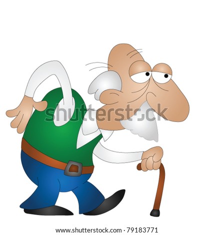 Old man with walking stick isolated on white background