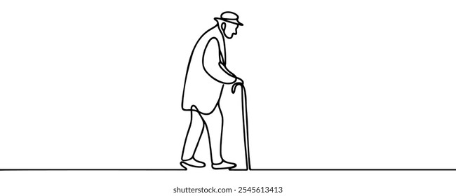 old man walking stick leaving back rear view walking away lonely man one line art design vector