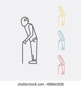 An old man with a walking stick line icon