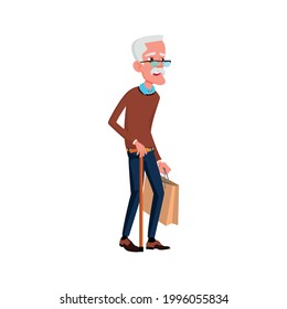 old man walking with stick in mall cartoon vector. 
