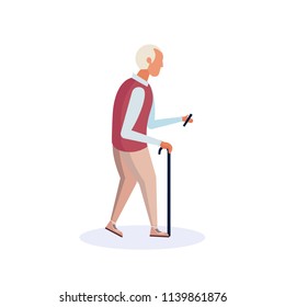 old man walking stick using smartphone elderly grandfather walk isolated cartoon character full length flat vector illustration