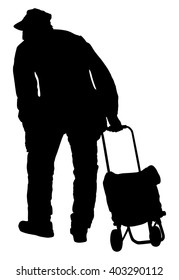 Old man walking with trolley bag in market, vector silhouette illustration. Senior outdoor activity. Active life mature person. Health care concept. Buying food and another goods.
