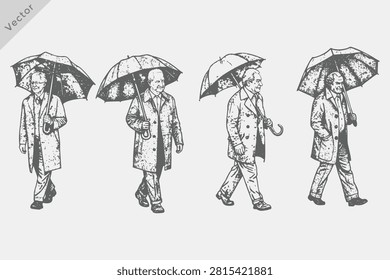 Old Man Walking with Umbrella Hand-drawn sketch illustration. Couple Walking in vintage engraving style vector