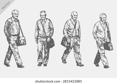 Old Man Walking with Umbrella Hand-drawn sketch illustration. Couple Walking in vintage engraving style vector