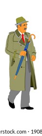 Old man walking with umbrella vector isolated on white background. Grandfather illustration.
