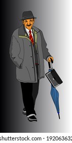 Old man walking with umbrella vector isolated on black background. Grandfather illustration