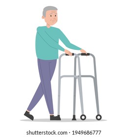 Old man walking using walker vector isolated. Smiling senior person, man on retirement. Concept of people with disability.