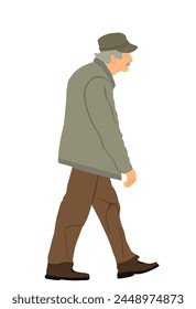 Old man walking vector illustration isolated. Senior mature outdoor. Active grandfather with mustache go to hospital. People active life. Senior person walking. Grandpa veteran male. Old fashion style