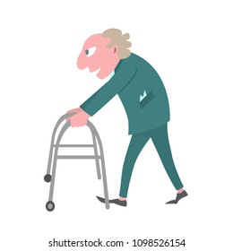 old man walking with walker, funny vector cartoon illustration