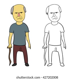 Old man with walkins cane. Vector character on white background.
