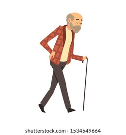 Old man walks with a cane cartoon vector illustration