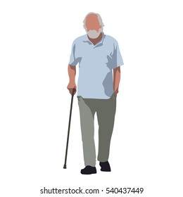Old man walks and relies on cane. Flat vector illustration