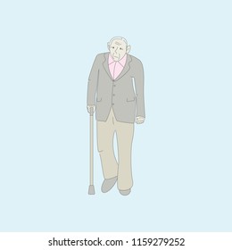 Old man walks with a stick. Active old man. Healthy old man who cares for himself. Doodle design. Vector design illustration. 