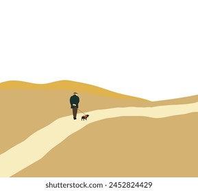 Old man walks through the park with a dog on mountain. Retirement, fitness, Love, wellness and pet. Enjoying Leisure Time.