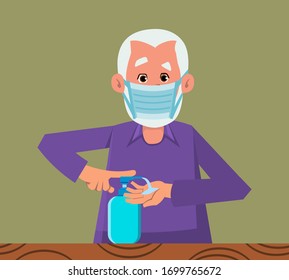 old man washing hand with hand sanitizer. old flat style character design for your design, motion, or animation.