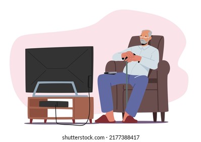 Old Man Watch Tv, Senior Male Character Sitting on Comfortable Armchair Having Fun and Relaxation. Lonely Elderly Grandfather Sparetime Isolated on White Background. Cartoon People Vector Illustration