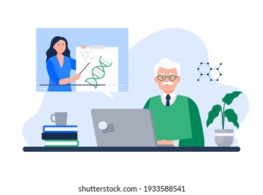 An Old Man Watches Online Course. Online Education, E-learning, Studying at Home, Tutorials. Vector Flat Illustration.