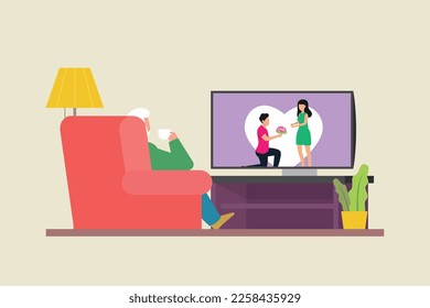 Old man watching TV at home 2d vector illustration concept for banner, website, illustration, landing page, flyer, etc