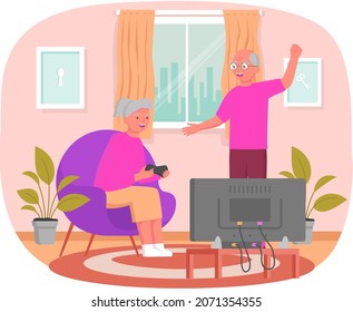 Old man watching woman playing video games. Elderly couple is playing video game with console controller. Family has modern lifestyle. People play online flat vector illustration
