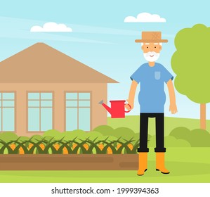 Old Man with Watering Can Doing Gardening Work Vector Illustration