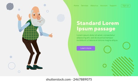 Old man waving hand flat vector illustration. Senior man with beard showing thumb up. Retirement, feedback, advertisement concept for banner, website design or landing page