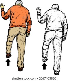 Old man waving his hand while lifting a leg up a step. Hand drawn vector illustration.