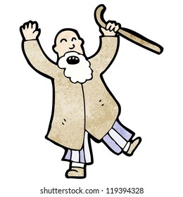 old man waving walking stick
