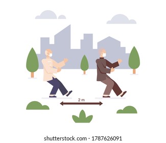 Old Man Wear Face Mask And Doing Tai Chi At City Park While Practicing Social Distancing Vector Illustration