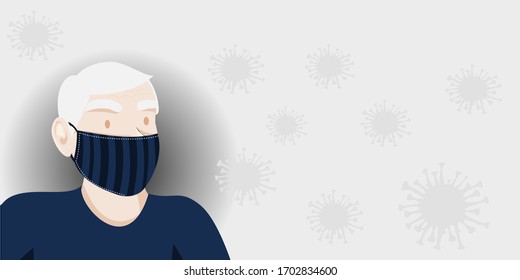 The old man wearing cloth mask to protect the corona virus. The cute cartoon patterned cloth mask.corona virus, covid-19, vector, illustration, fabric pattern.