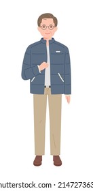 An old man wearing a down jacket and glasses is clenching his fists and cheering. flat design style vector illustration.