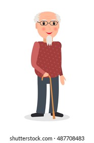 Old man wearing glasses and with cane in flat style. EPS10 vector illustration of grandpa character with walking stick.