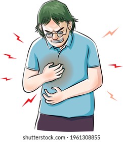 An old man wearing glasses is suffering from chest pain character design cartoon vector