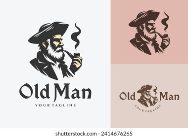 old man wearing hat smoking with pipe logo design vector illustration