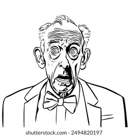 An old man wearing jacket with a bow tie opens his mouth in amazement and widens his eyes, comic pop art vector illustration, outline