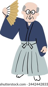 An old man wearing a kimono and dancing Japanese dance with a fan 1
