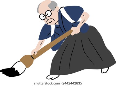 An old man wearing a kimono performs calligraphy with a large brush