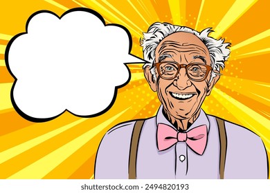 An old man wearing lilac shirt with a pink bow tie and glasses happy smiling in amazement, comic pop art vector illustration