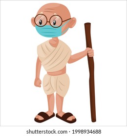 Old man is wearing a mask and holding the stick in hand. Vector graphic illustration. Individually on a white background.