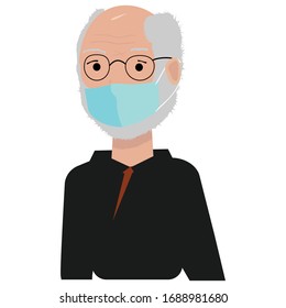 Old Man Wearing A Protective Mask To Protect Covid-19 Or Corona Virus Outtbreak  Flat Illustration Isolated On White Background Grey-haired Grandfather Or Grandpa In Black Hoody Smiling In Good Mood. 