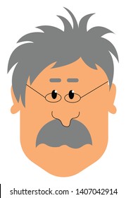 Alter Mann mit Brille mit einem großen dicken Schnurrbart, grauem Haar, Vektorgrafik, Farbzeichnung oder Illustration. 