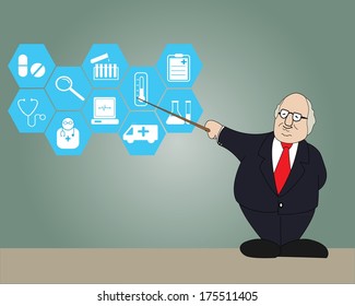 A Old Man wearing suit presentation with  Medical and health icon set,Vector illustration