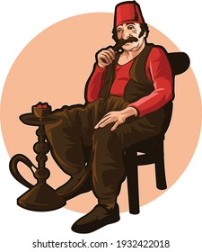 Old man wearing traditional lebanese clothes smoking shisha ( Hooka)