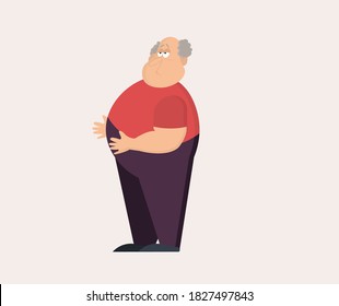 old man wearing t-shirt. Grandfather with grey hair, Cartoon grandpa , fat man standing. Isolated vector illustration.