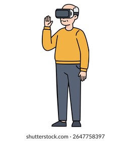 velho homem usando VR goggle tecnologia de cor plana vetor ilustração modelo design