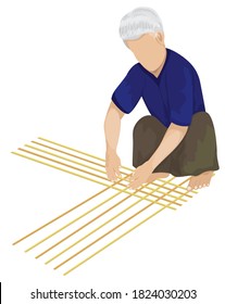 The old man weaving a container by hand vector design