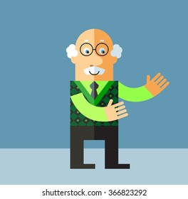 Old Man with welcome hands. Flat style vector illustration on gray background.