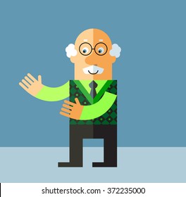 Old Man with welcome hands. Flat style vector illustration on gray background.